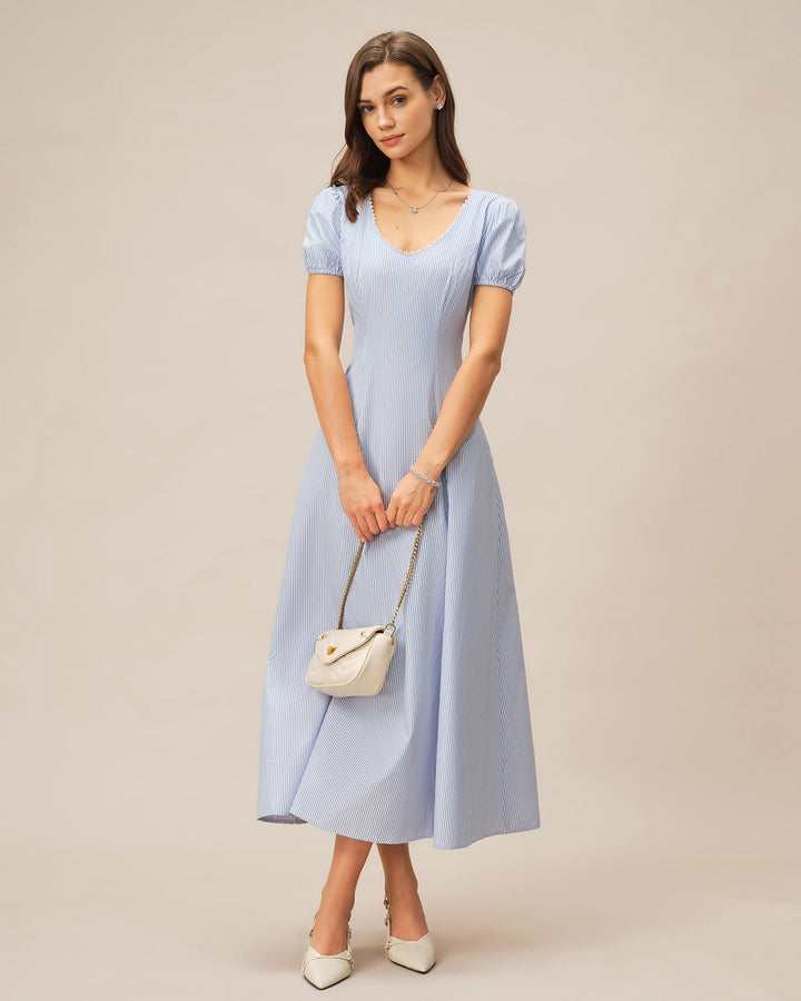 Morgan and Brooke | Striped Maxi Dress for Women in Blue with Puffed Sleeves