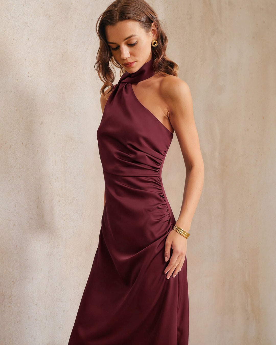 Morgan and Brooke | Satin One Shoulder Maxi Dress, Wine Red