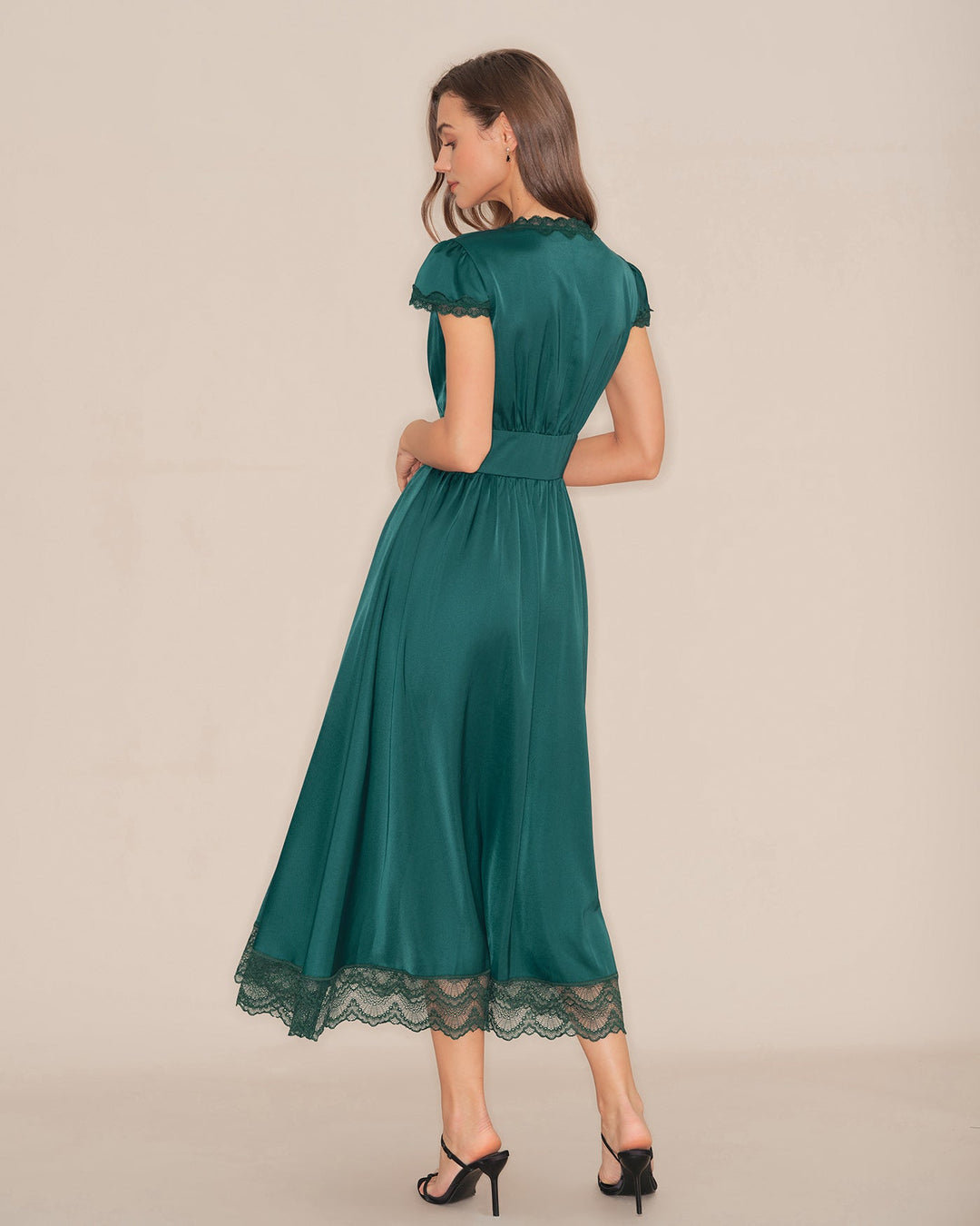 Morgan and Brooke | V Neck Lace Maxi Dress for Women in Green