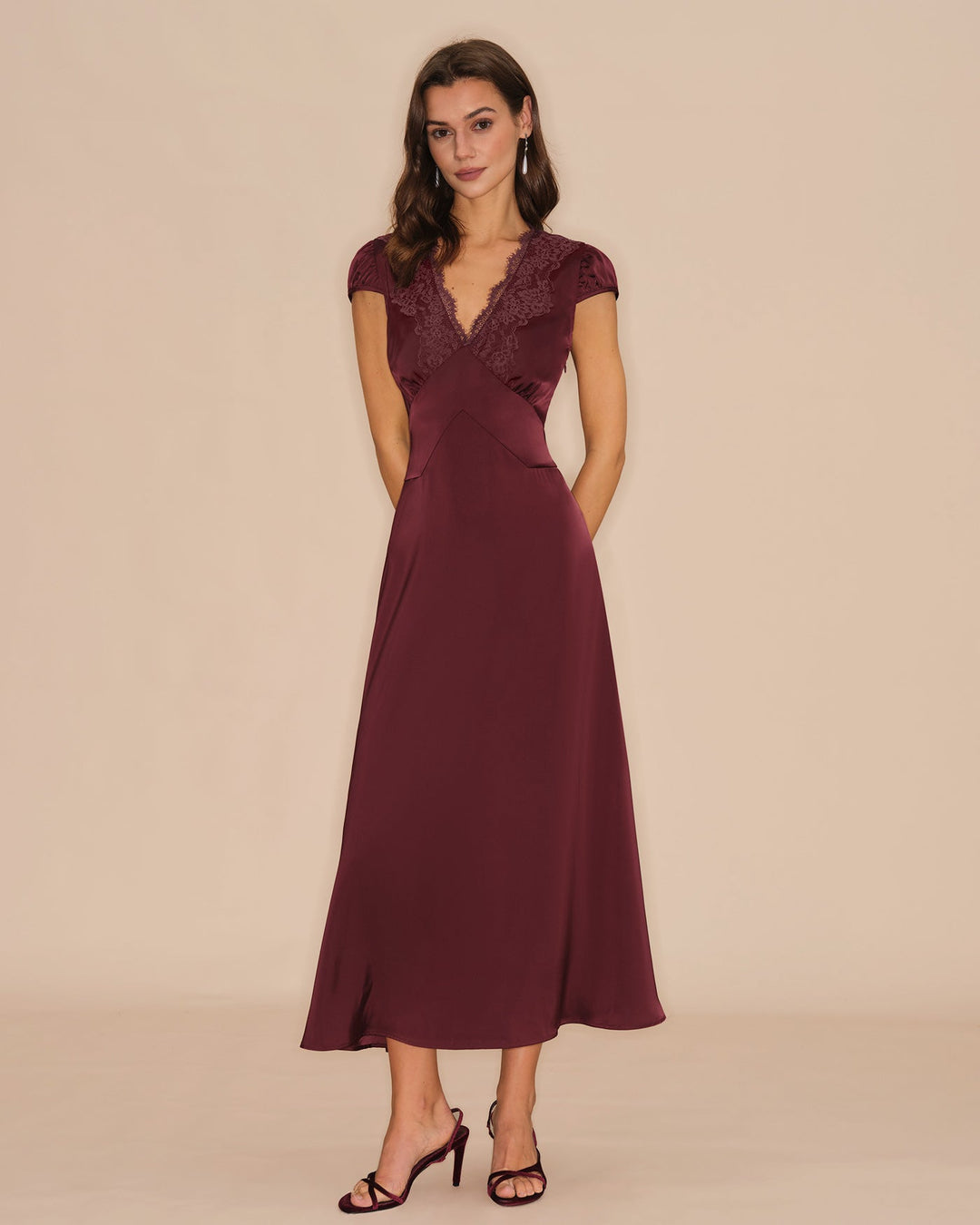 Morgan and Brooke | V Neck Lace Maxi Dress for Women in Wine Red
