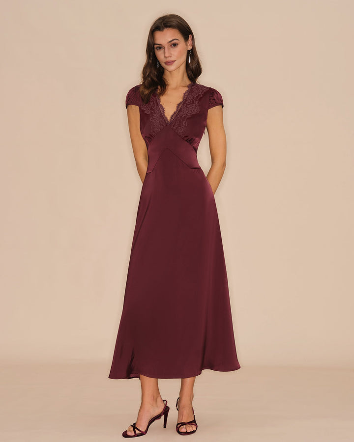 Morgan and Brooke | V Neck Lace Maxi Dress for Women in Wine Red
