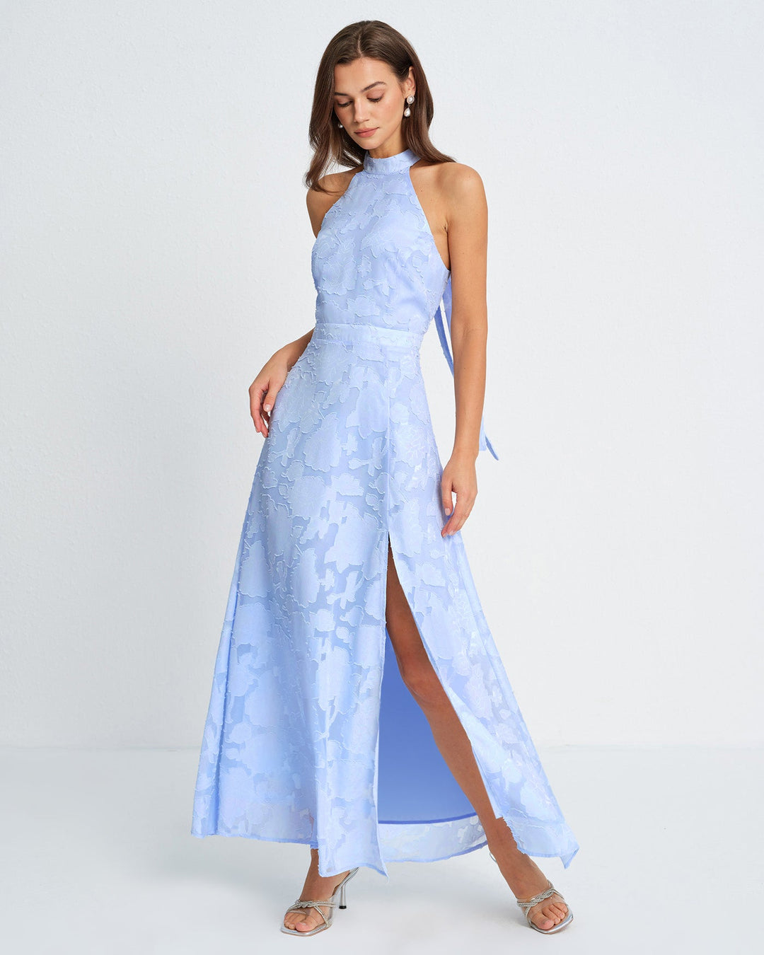 Morgan and Brooke | Jacquard Maxi Dress for Women in Blue with Mock Neck