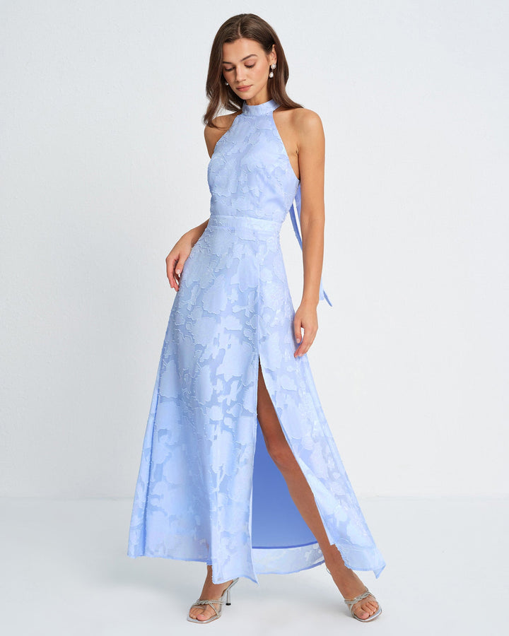 Morgan and Brooke | Jacquard Maxi Dress for Women in Blue with Mock Neck