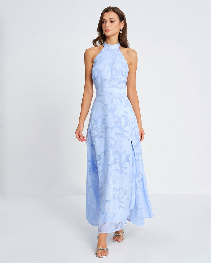 Morgan and Brooke | Jacquard Maxi Dress for Women in Blue with Mock Neck