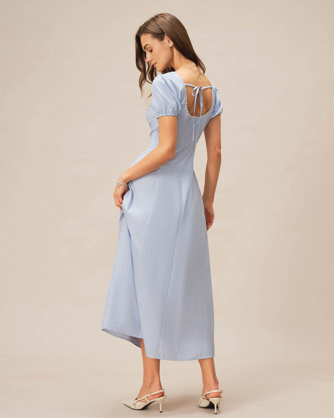 Morgan and Brooke | Striped Maxi Dress for Women in Blue with Puffed Sleeves