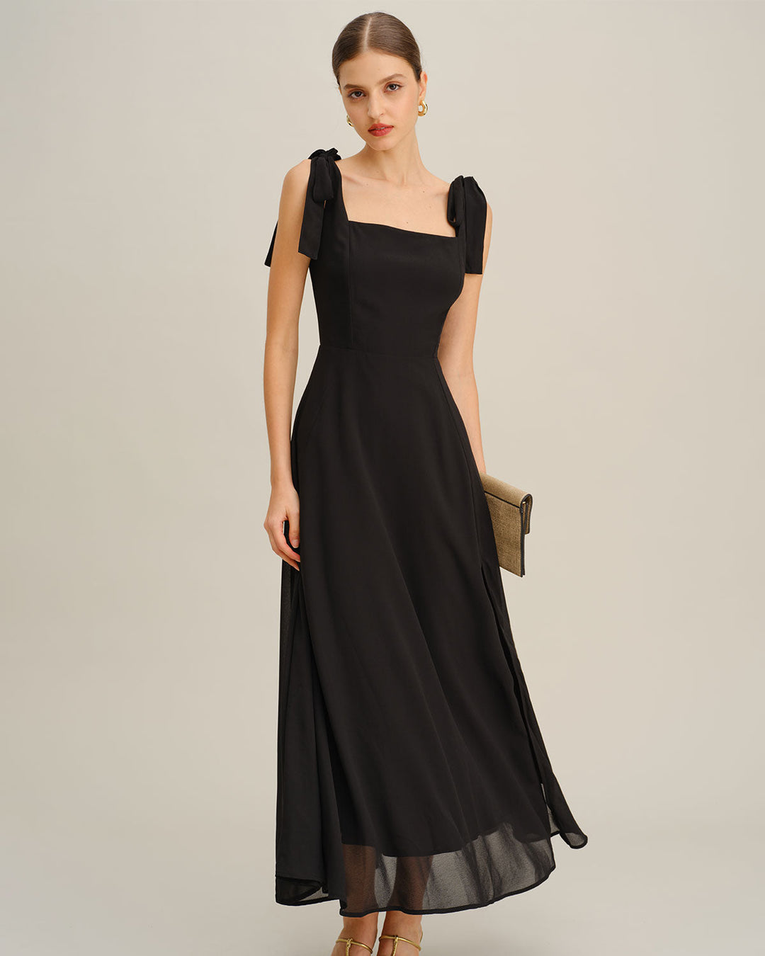 Morgan and Brooke | Chiffon Tie Strap Maxi Dress for Women in Black