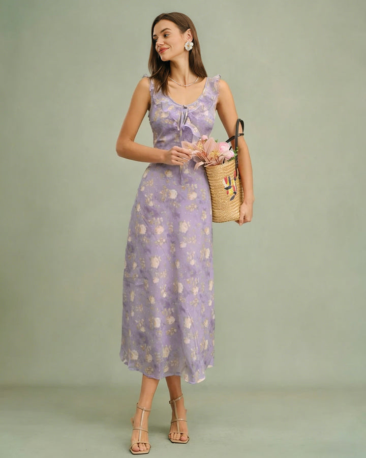 Morgan and Brooke | Floral Slip Maxi Dress for Women in Purple with Ruffle Detail