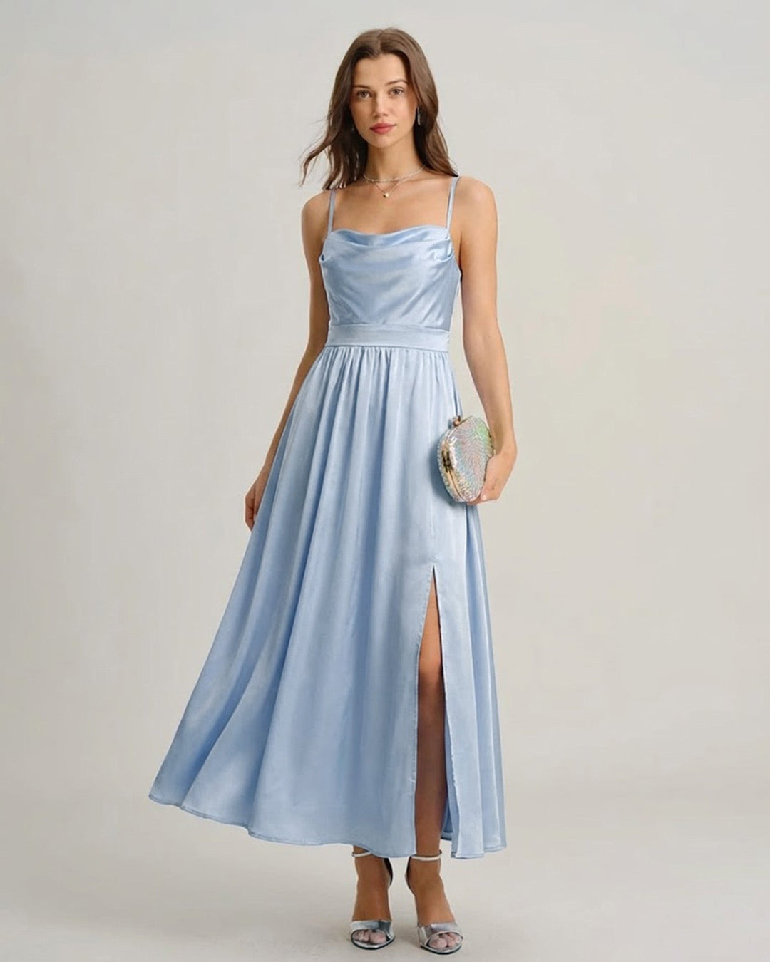 Morgan and Brooke | Satin Ruched Slip Maxi Dress for Women in Blue