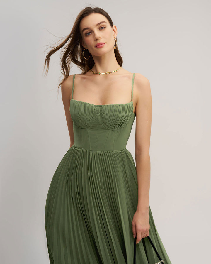 Morgan and Brooke | Green Sweetheart Neck Flowy Maxi Dress
