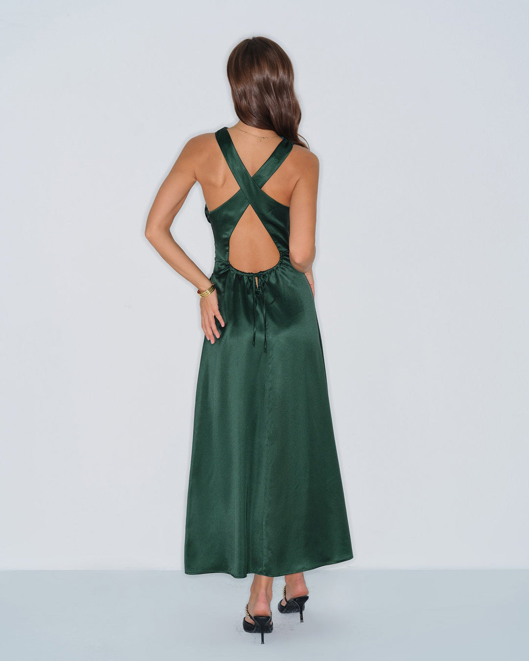 Morgan and Brooke | Satin Maxi Dress for Women in Green with Cowl Neck