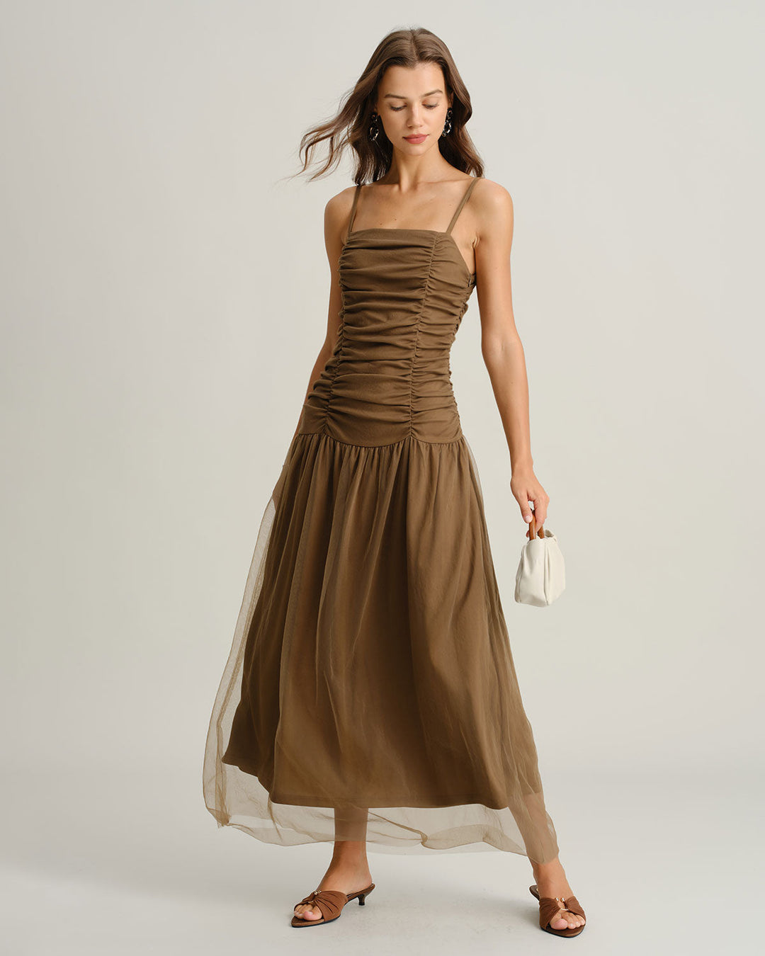 Morgan and Brooke | Brown Ruched Mesh Maxi Dress
