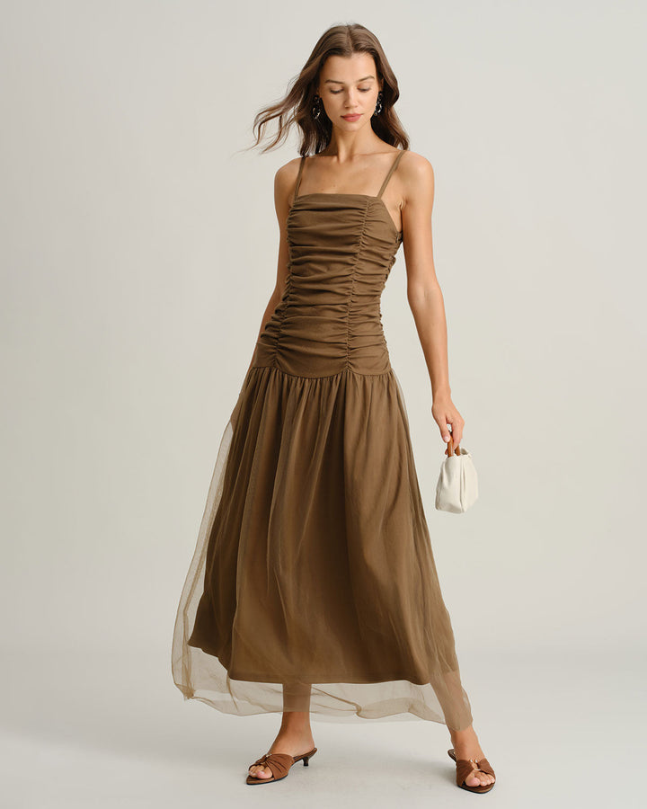 Morgan and Brooke | Brown Ruched Mesh Maxi Dress