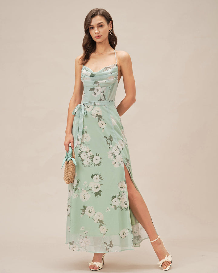 Morgan and Brooke | Floral Maxi Dress for Women in Green with Cowl Neck
