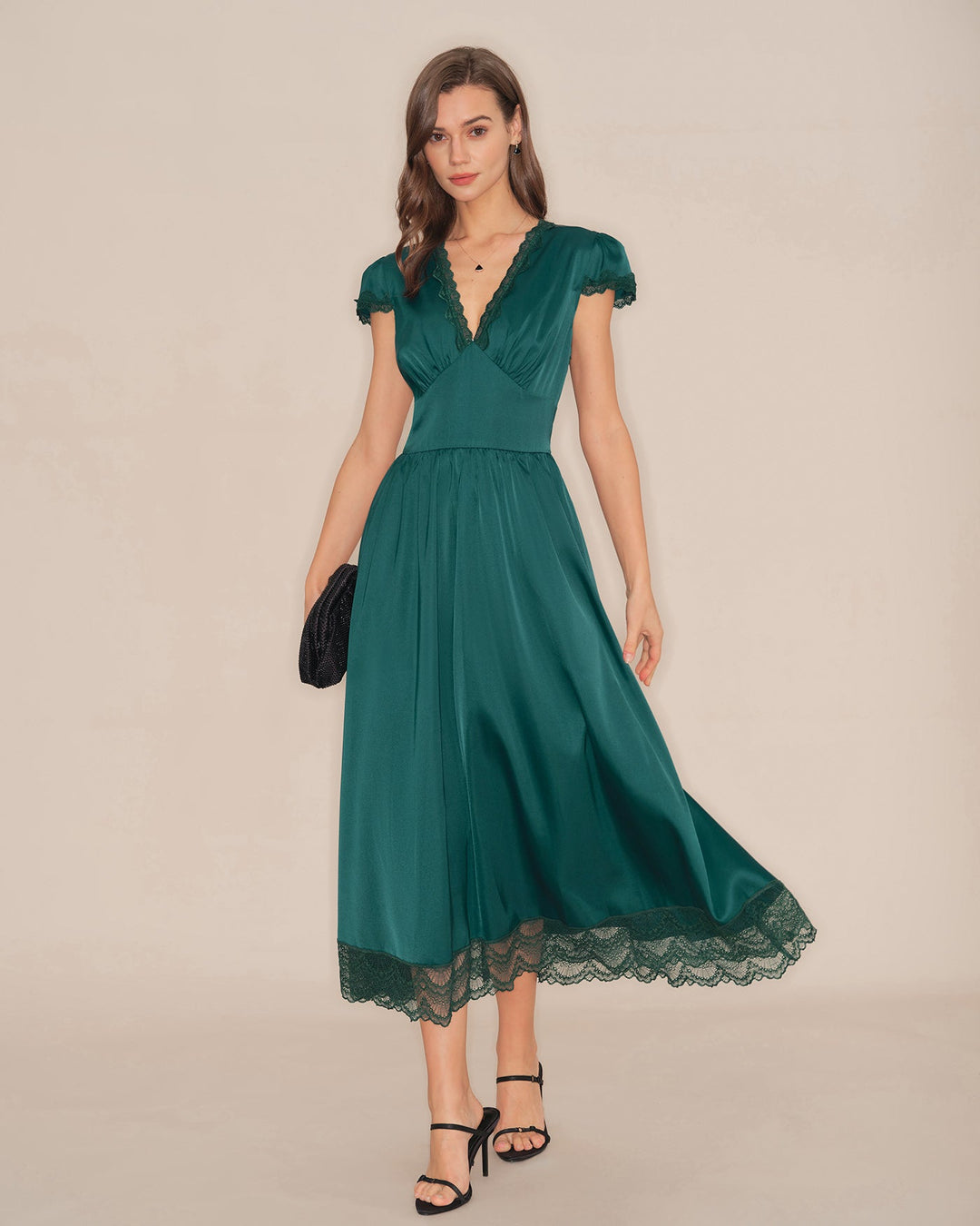 Morgan and Brooke | V Neck Lace Maxi Dress for Women in Green