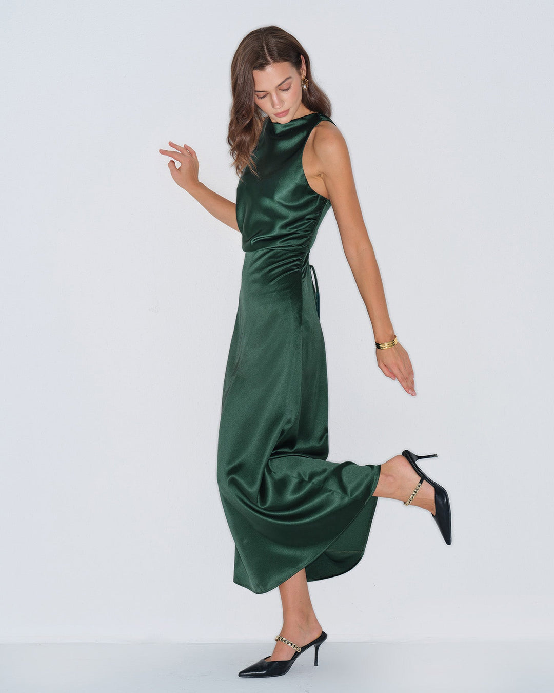 Morgan and Brooke | Satin Maxi Dress for Women in Green with Cowl Neck