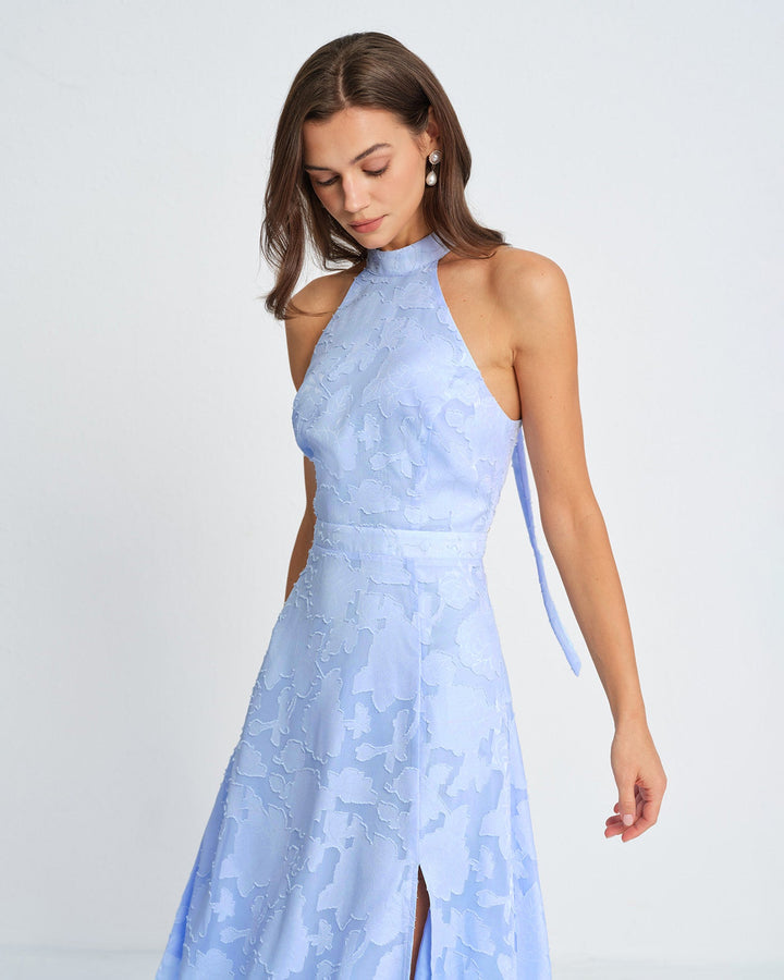 Morgan and Brooke | Jacquard Maxi Dress for Women in Blue with Mock Neck