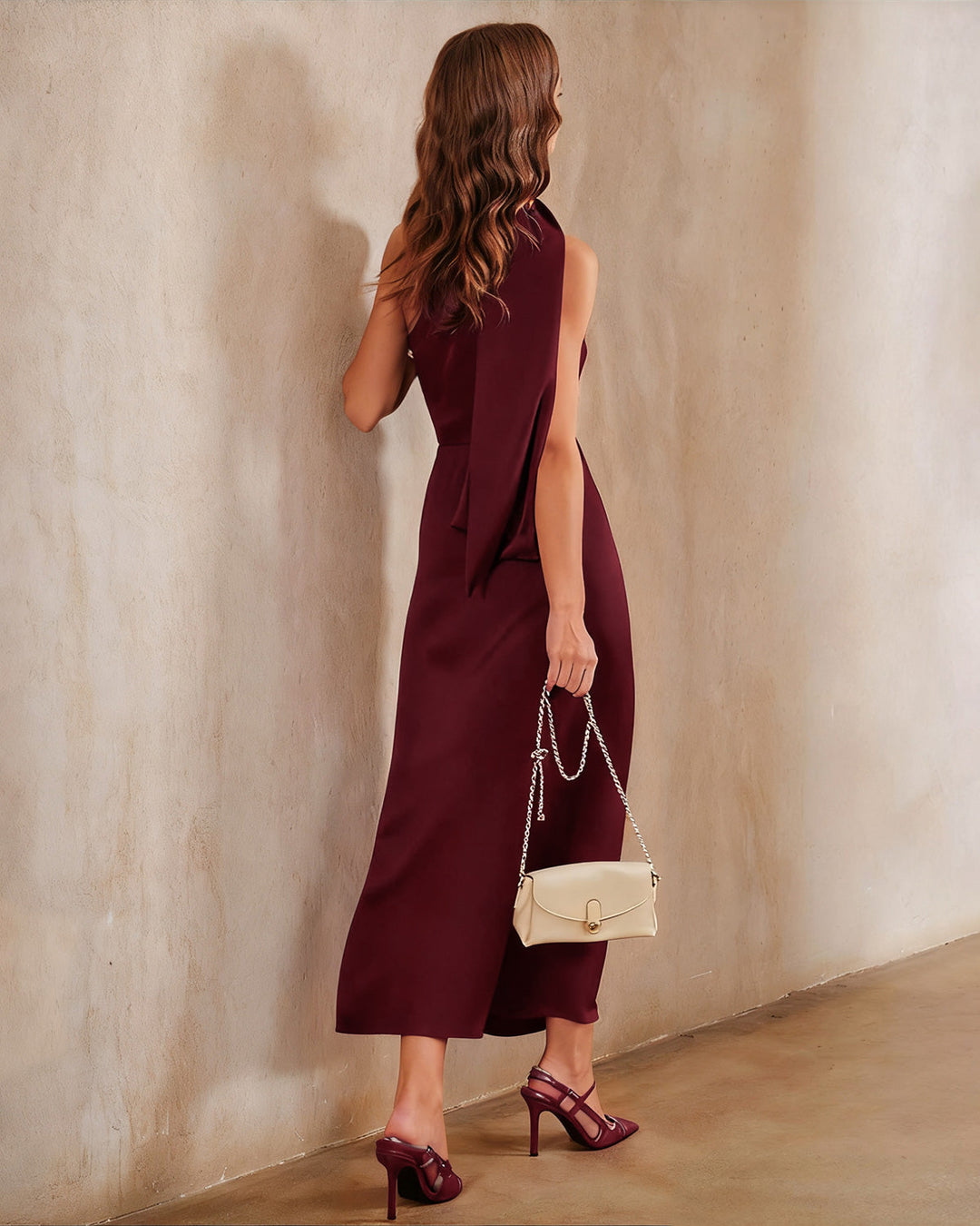 Morgan and Brooke | Satin One Shoulder Maxi Dress, Wine Red