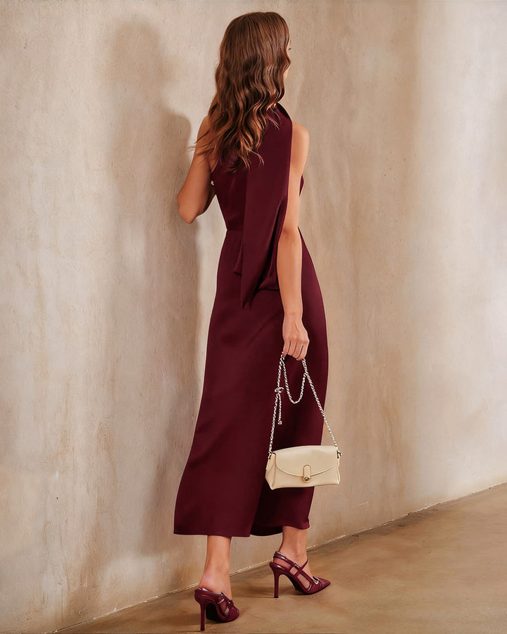 Morgan and Brooke | Satin One Shoulder Maxi Dress, Wine Red
