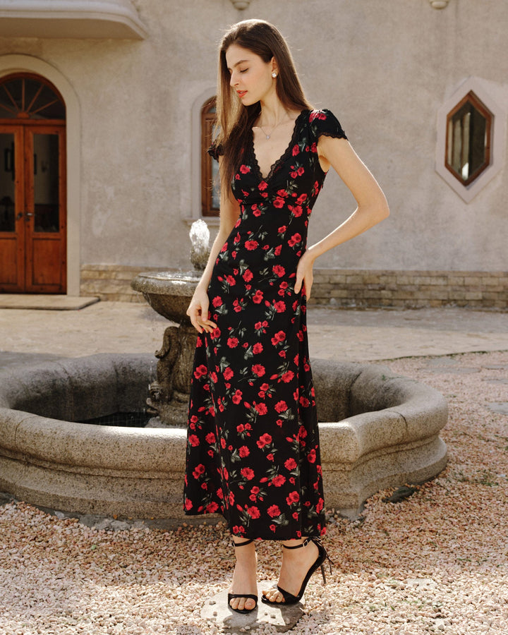Morgan and Brooke | Floral V Neck Maxi Dress for Women in Black