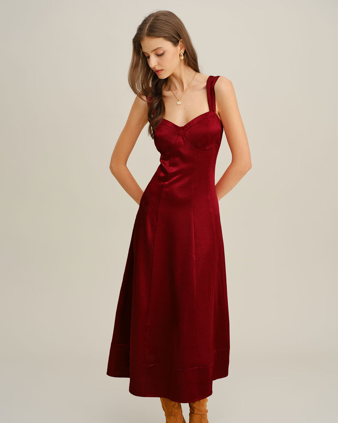 Morgan and Brooke | A-Line Maxi Dress for Women in Red with Sweetheart Neck