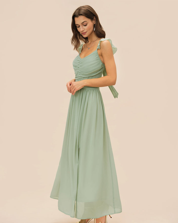 Morgan and Brooke | V Neck Ruffle Tie Maxi Dress for Women in Green