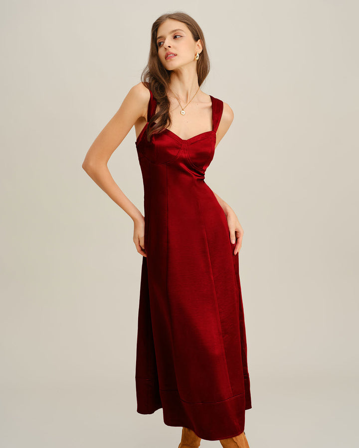 Morgan and Brooke | A-Line Maxi Dress for Women in Red with Sweetheart Neck