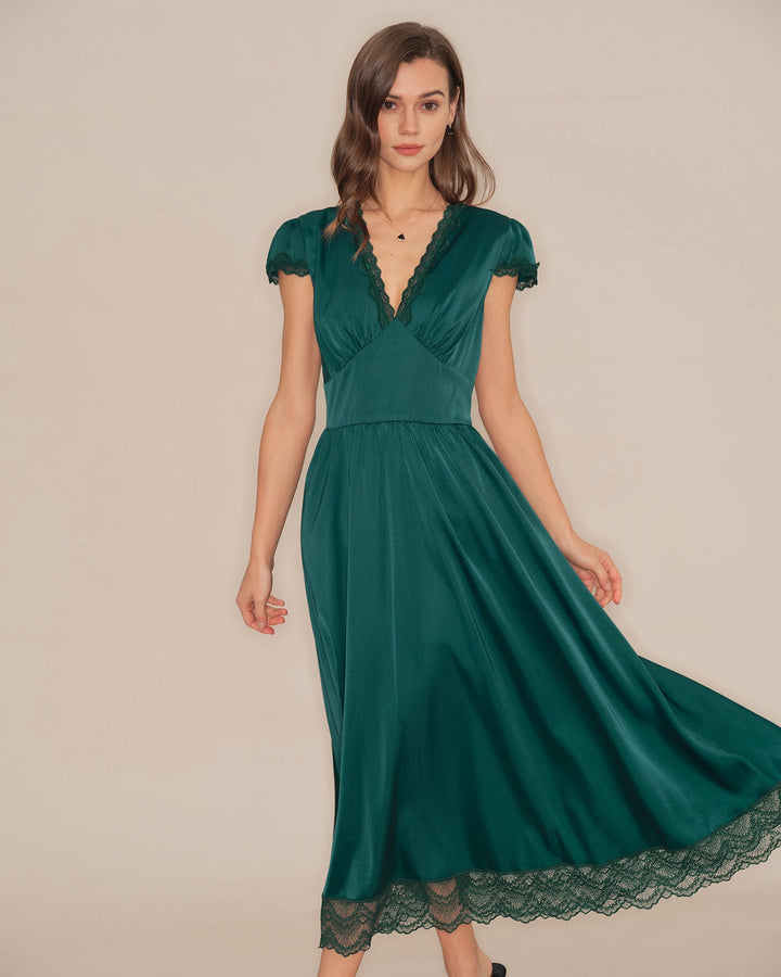 Morgan and Brooke | V Neck Lace Maxi Dress for Women in Green