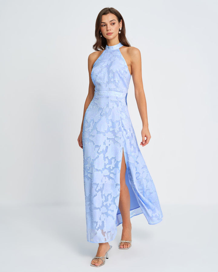 Morgan and Brooke | Jacquard Maxi Dress for Women in Blue with Mock Neck