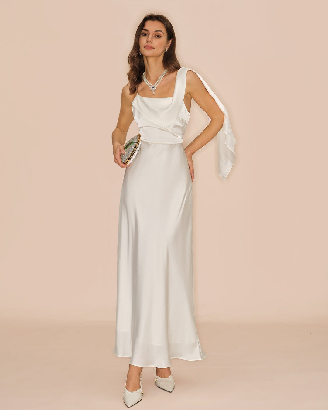 Morgan and Brooke | Square Neck Satin Maxi Dress for Women in Off White