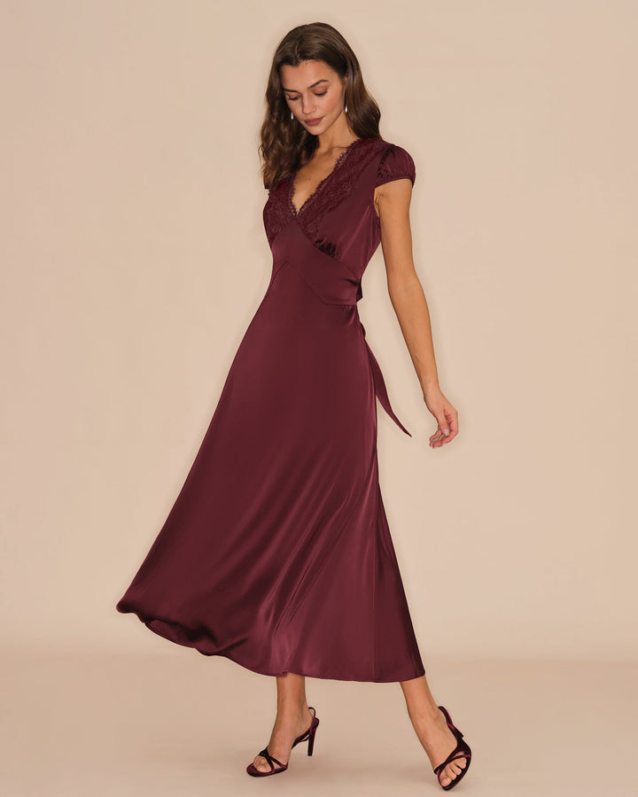 Morgan and Brooke | V Neck Lace Maxi Dress for Women in Wine Red