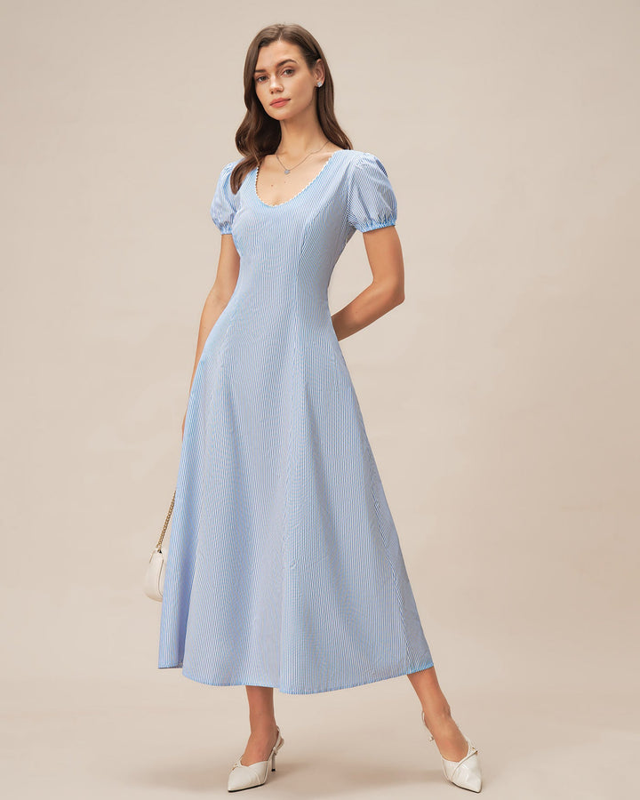Morgan and Brooke | Striped Maxi Dress for Women in Blue with Puffed Sleeves