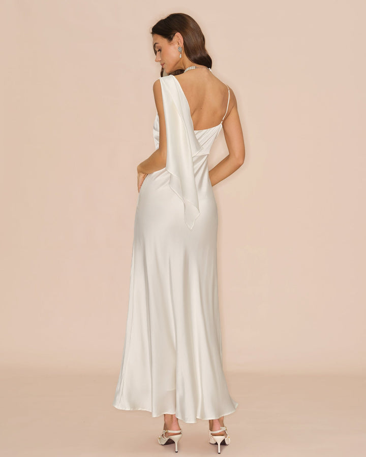 Morgan and Brooke | Square Neck Satin Maxi Dress for Women in Off White