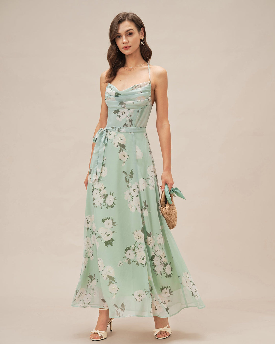 Morgan and Brooke | Floral Maxi Dress for Women in Green with Cowl Neck