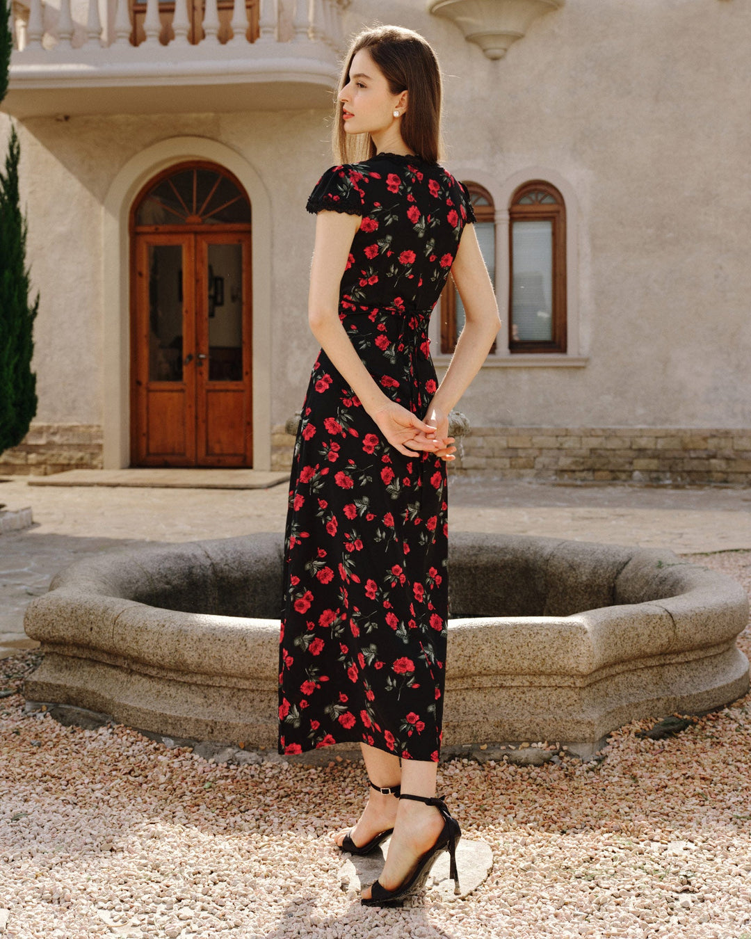 Morgan and Brooke | Floral V Neck Maxi Dress for Women in Black