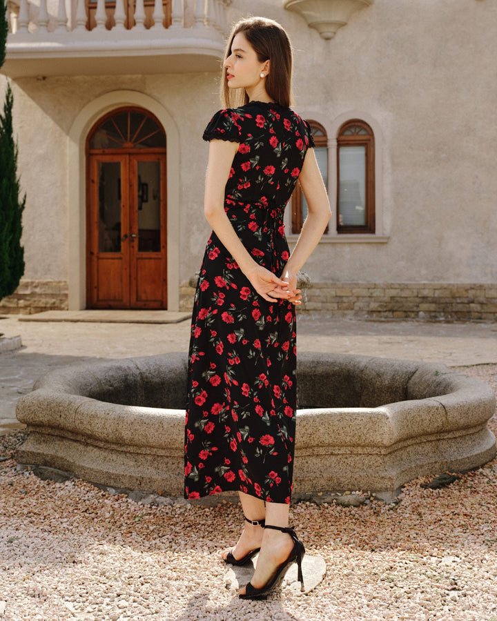 Morgan and Brooke | Floral V Neck Maxi Dress for Women in Black