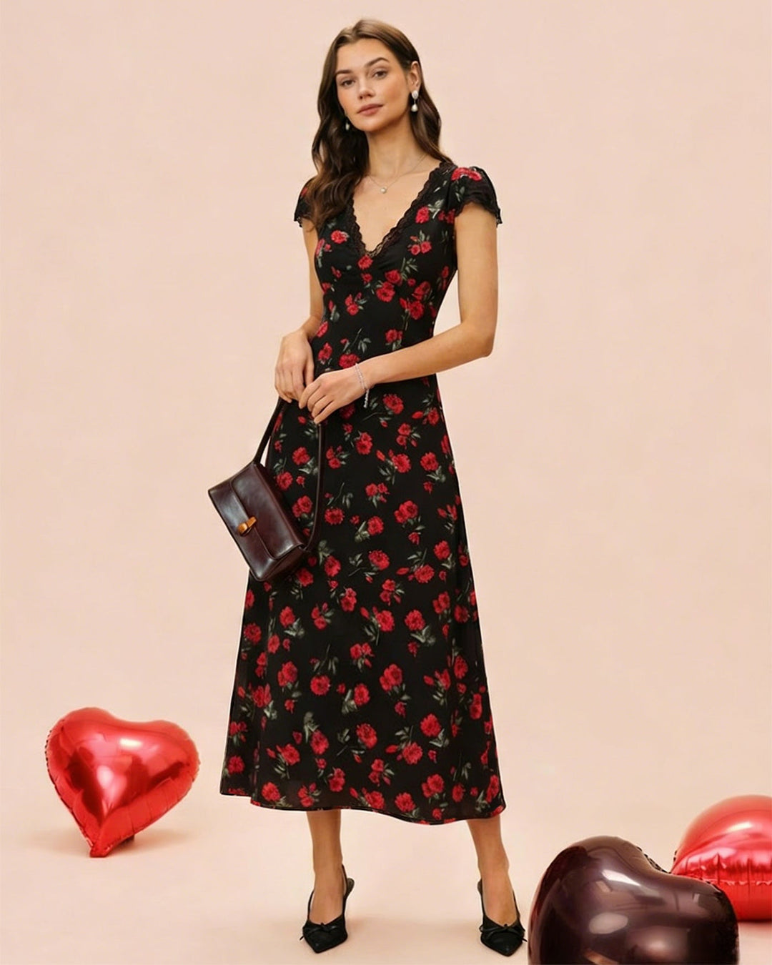 Morgan and Brooke | Floral V Neck Maxi Dress for Women in Black