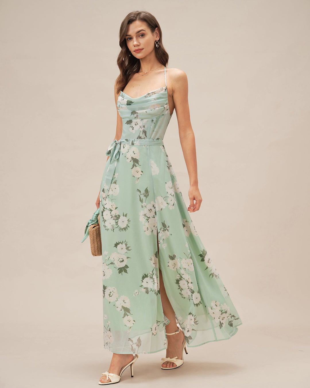 Morgan and Brooke | Floral Maxi Dress for Women in Green with Cowl Neck