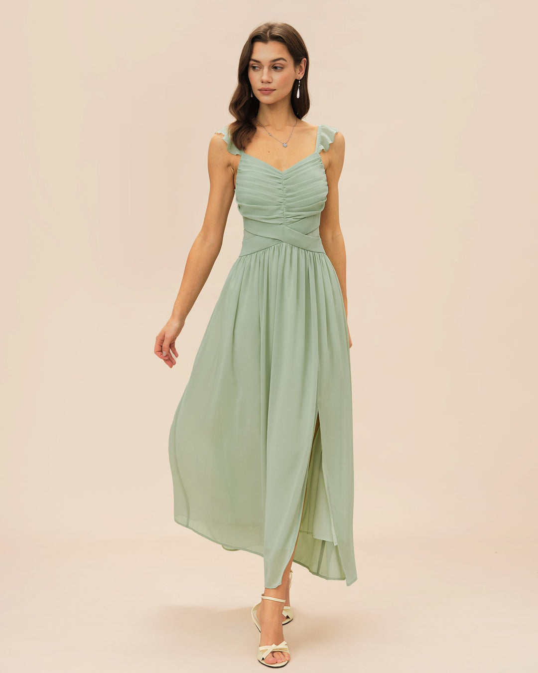 Morgan and Brooke | V Neck Ruffle Tie Maxi Dress for Women in Green