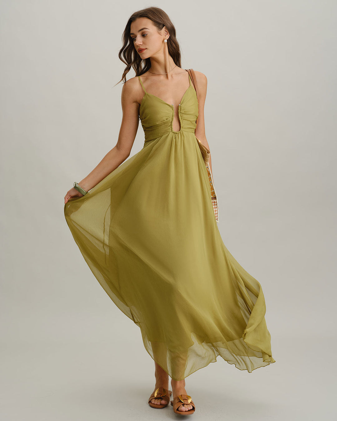 Morgan and Brooke | Ruched Slip Maxi Dress for Women in Green