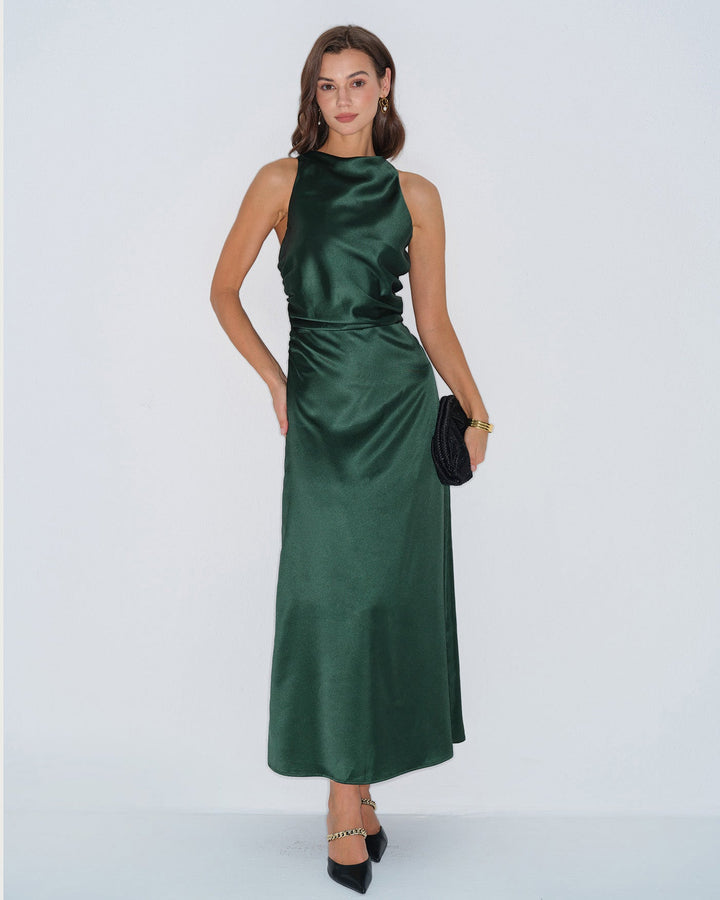 Morgan and Brooke | Satin Maxi Dress for Women in Green with Cowl Neck