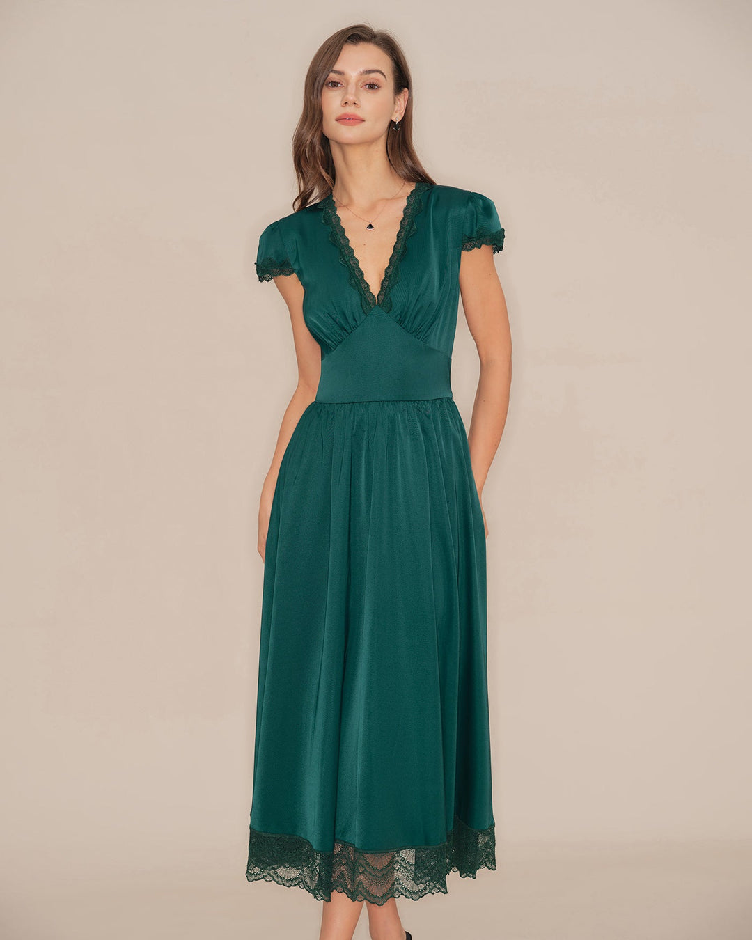Morgan and Brooke | V Neck Lace Maxi Dress for Women in Green
