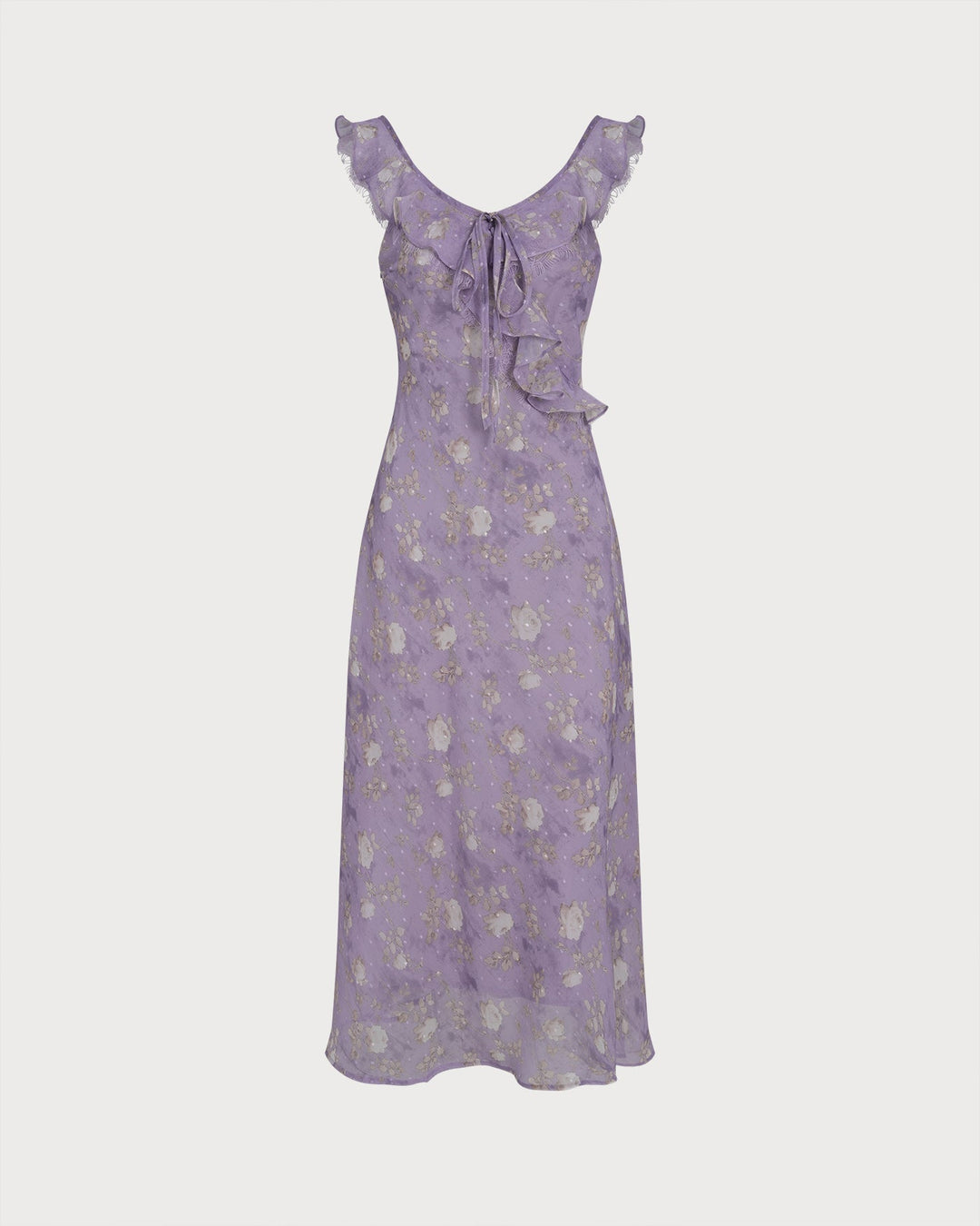 Morgan and Brooke | Floral Slip Maxi Dress for Women in Purple with Ruffle Detail
