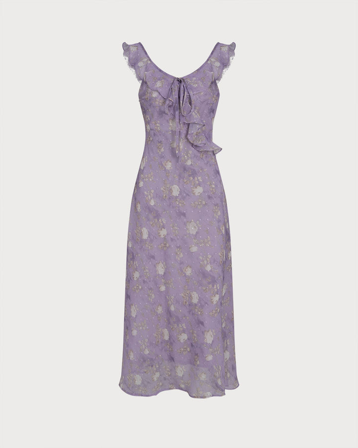 Morgan and Brooke | Floral Slip Maxi Dress for Women in Purple with Ruffle Detail