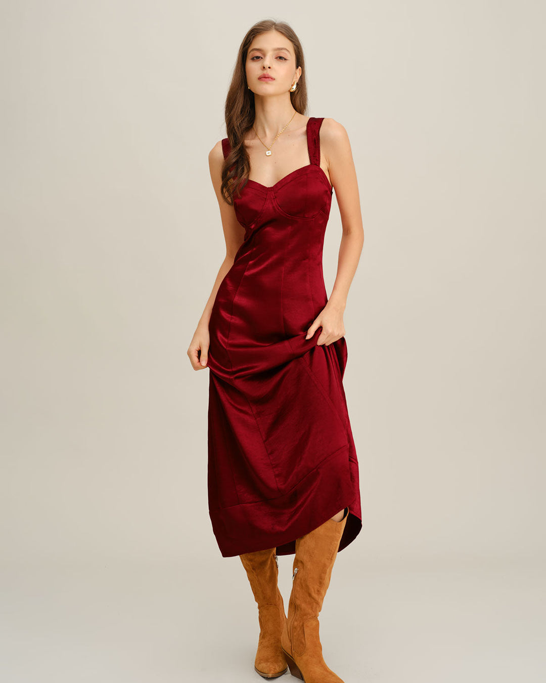 Morgan and Brooke | A-Line Maxi Dress for Women in Red with Sweetheart Neck