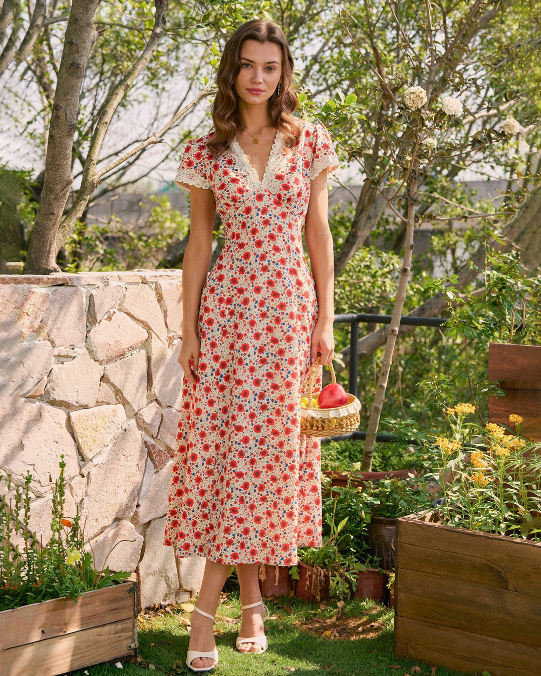 Morgan and Brooke | V Neck Lace Floral Maxi Dress