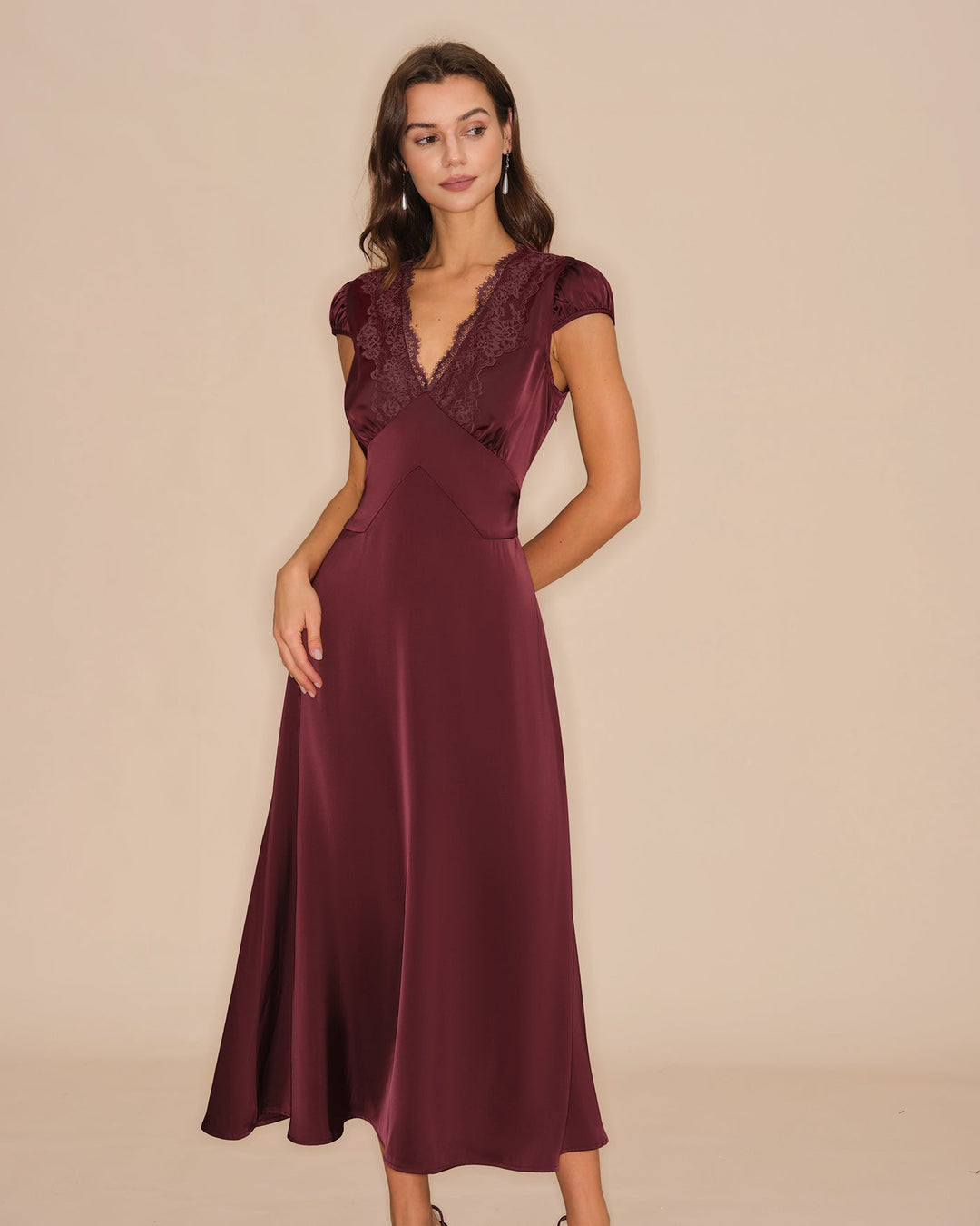 Morgan and Brooke | V Neck Lace Maxi Dress for Women in Wine Red