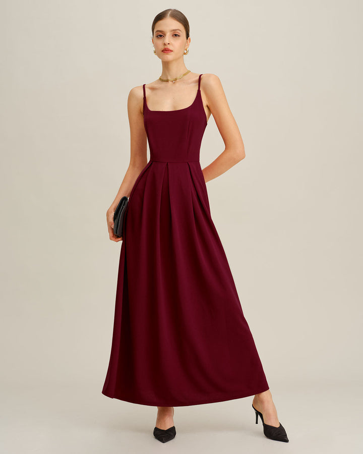 Morgan and Brooke | Pleated Slip Maxi Dress for Women in Wine Red