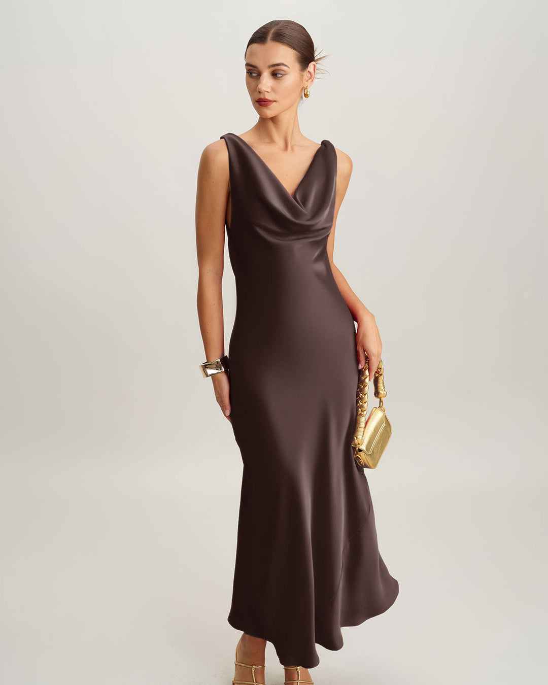 Morgan and Brooke | Satin Cowl Neck Maxi Dress for Women in Coffee