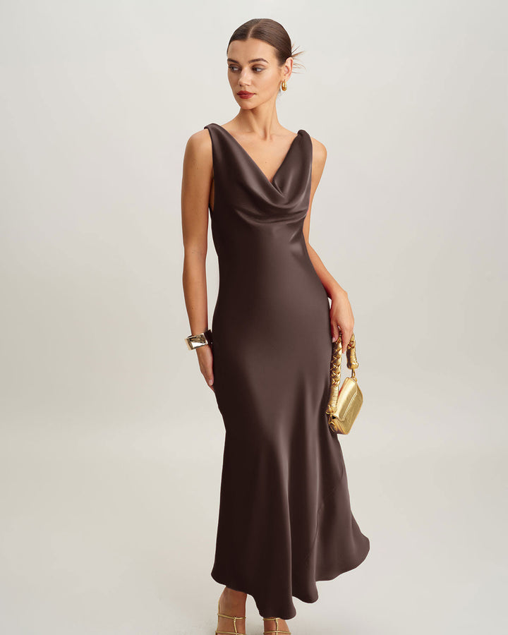 Morgan and Brooke | Satin Cowl Neck Maxi Dress for Women in Coffee
