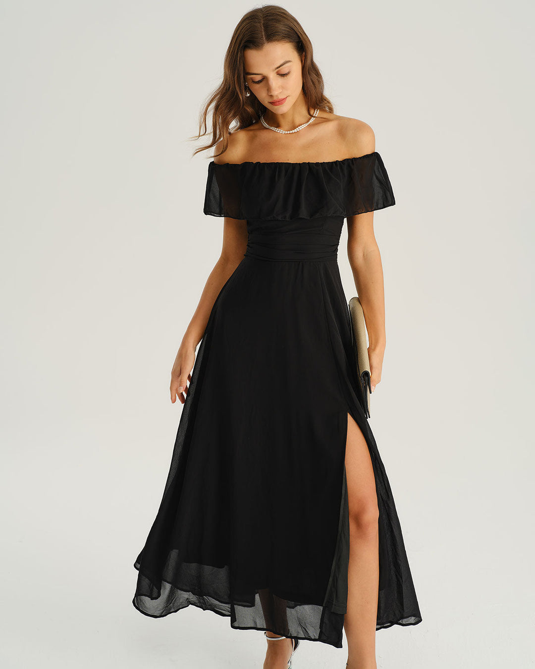 Morgan and Brooke | Off The Shoulder A-Line Maxi Dress in Black